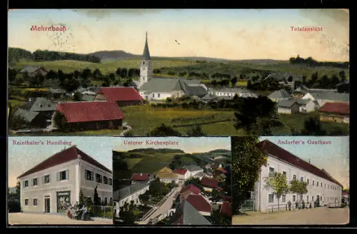 AK Mehrnbach, Gesamtansicht, Unterer Kirchplatz, Reinthaler`s Handlung, Andorfer`s Gasthaus