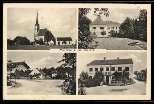 AK Mühlheim a. Inn, Partie vor der Kirche, Villa mit Gartenanlage und Wohnhäuser