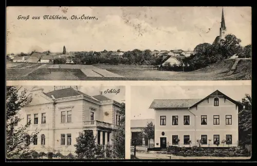 AK Mühlheim /Ob.-Österr., Totalansicht mit Kirche und Schloss