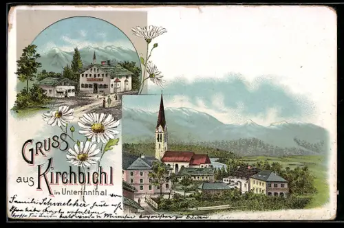 Lithographie Kirchbiehl i. Unterinnthal, Totalansicht mit Kirche