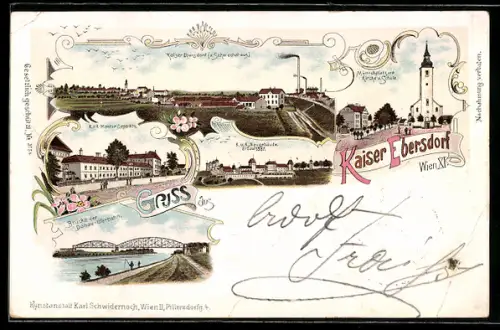 Lithographie Wien-Kaiser Ebersdorf, K. u. K. Monur-Depot, Münichplatz mit Kirche und Schule