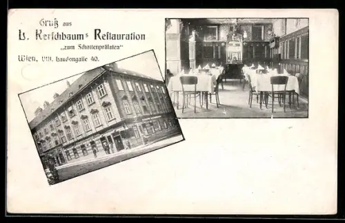 AK Wien, L. Kerschbaum`s Restaurant zum Schottenprälaten, Laudongasse 40, Aussen- und Innenansicht