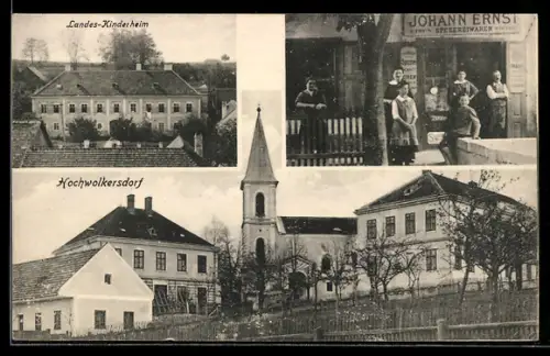 AK Hochwolkersdorf, Landes-Kinderheim, Johann Ernst Spezerei-Warenhandlung, Ortspartie mit Kirche