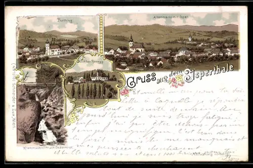 Lithographie Altenmarkt /Isperthal, Ortsansicht mit Isper, Pisching, Klammschlucht von Oedenteich, Schloss Rorregg