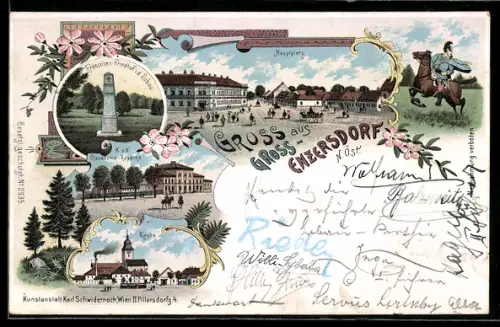 Lithographie Gross-Enzersdorf /N. Öst., K. u. K. Cavallerie-Kaserne, Kirche, Hauptplatz