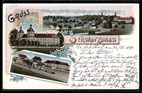 Lithographie Schwarzenau, Schloss, Bahnhof mit Restaurant