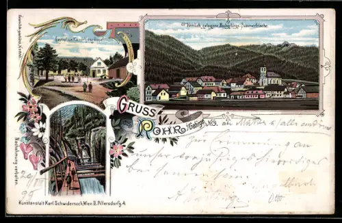 Lithographie Rohr i. Gebirge, Gasthof zum Kaiser Franz Josef, Blick in die Schlucht, Panorama