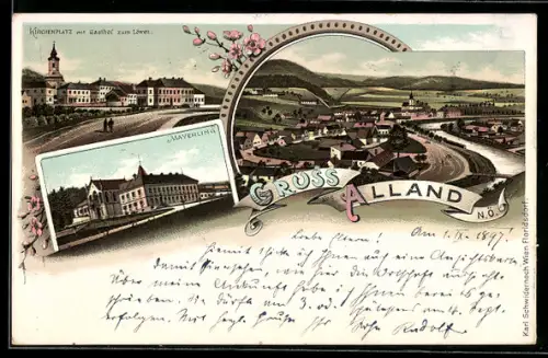 Lithographie Alland /N.Ö., Kirchenplatz mit Gasthof zum Löwen, Mayerling, Gesamtansicht
