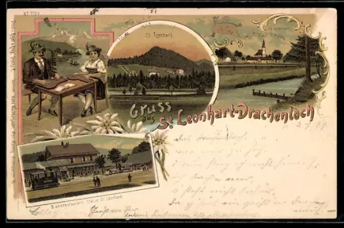 Lithographie Grödig, St. Leonhart, Gasthaus Drachenloch, Bahn-Restaurant & Bahnhof St. Leonhart, Paar in Tracht