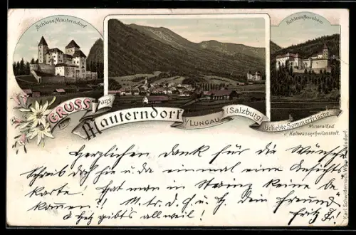 Lithographie Mauterndorf i. Lungau, Schloss Mauterndorf, Schloss Moosham, Ortsansicht mit den Bergen