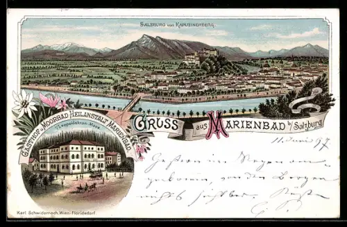 Lithographie Salzburg, Gasthof u. Moorbad-Heilanstalt Marienbad, Totalansicht
