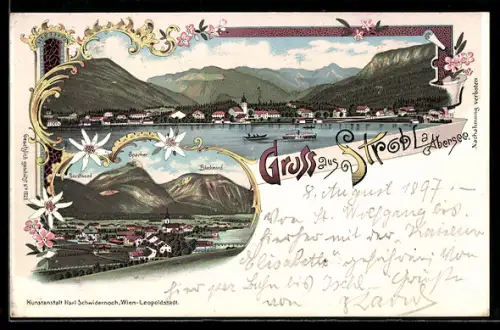 Lithographie Strobl a. Abersee, Gesamtansicht mit Beustwand, Sparber u. Blockwand, Ortspanorama vom See aus