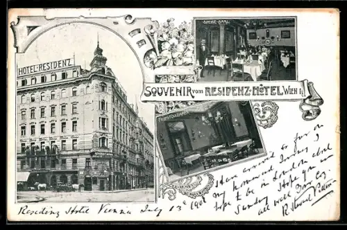 AK Wien, Residenz-Hotel, Aussen- und Innenansicht, Speisesaal