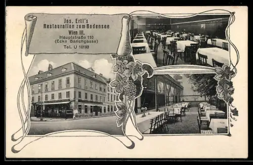 AK Wien, Jos. Ertl`s Restaurant zum Bodensee, Hauptstrasse 110 Ecke Barichgasse, Aussenansicht, Speisesaal