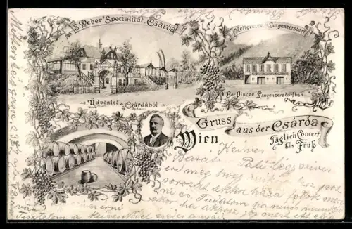 Künstler-AK Langenzersdorf, E. Weber`s Gasthaus Csárda, Kellereien in Langenzersdorf, Blick in den Weinkeller
