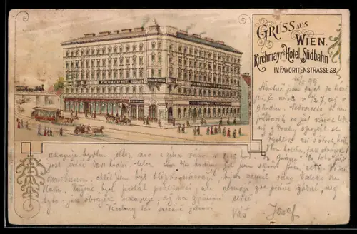 Lithographie Wien, Kichmayr`s Hotel Südbahn, Favoritenstrasse 58