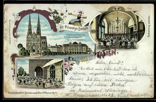 Lithographie Wien, Alt-Pilsenetzer Bierhalle, Währingerstrasse 2 Ecke Maximilianplatz, Speisesaal, Arkaden