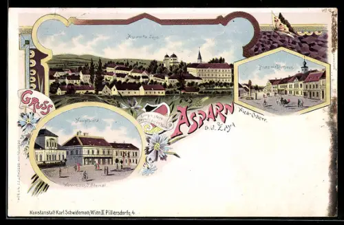 Lithographie Asparn a. d. Zaya, Hauptplatz mit Warenhaus J. Steindl, Platz mit Rathaus, Ortsansicht
