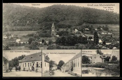 AK Asparn an der Zaya, Michelstetten, Josef Teufelhart`s Gasthaus, Joh. Seiberler`s Gemischtwarenhandlung, Schloss-Ruine