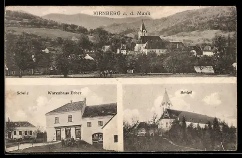AK Kirnberg a. d. Mank, Warenhaus Erber, Ortspartie mit Schule, Ortsansicht mit Kirche, Schloss