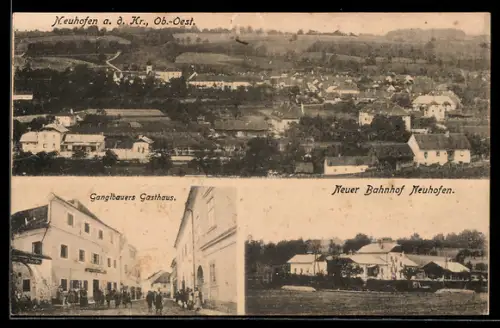 AK Neuhofen, Ganglbauers Gasthaus, Neuer Bahnhof, Ortsansicht
