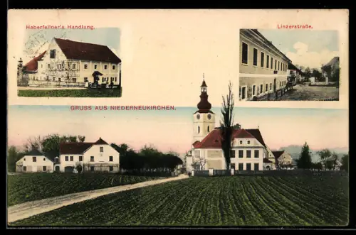 AK Niedernneukirchen, Haberfellner`s Handlung, Linzerstrasse, Panorama