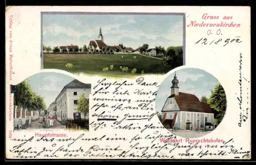 AK Niederneukirchen /O.Ö., Hauptstrasse, Wallfahrtskirche Ruprechtshofen, Ortsansicht mit Kirche