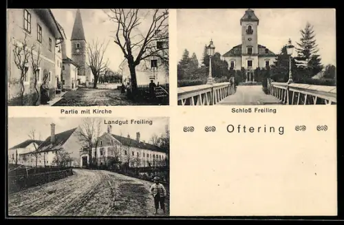 AK Oftering, Schloss Freiling, Partie mit Kirche