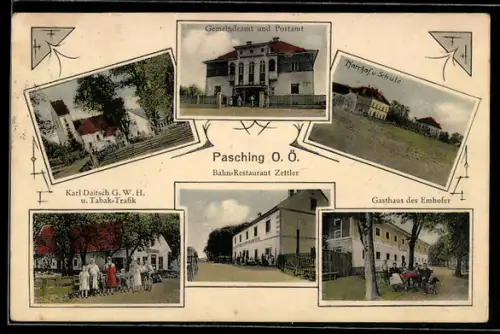 AK Pasching /O.Ö., Bahn-Restaurant Zettler, Gasthaus des Emhofer, Pfarrhof und Schule, Gemeindeamt und Postamt