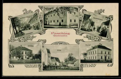 AK Pasching, Wiesleitners Gasthof, Gerstmayrs Gemischtwarenhandlung, Bahnhofstrasse