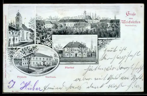 AK Weichstetten, Plöderls Gasthaus, Blick zum Pfarrhof