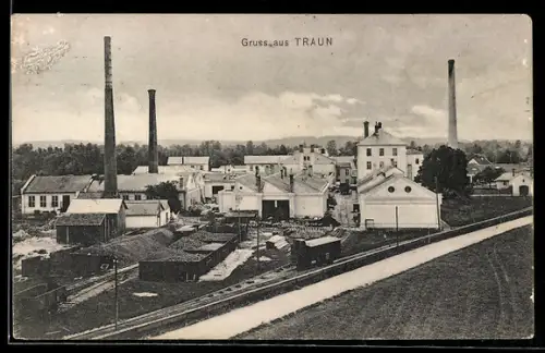 AK Traun, Teilansicht des Ortes mit Fabrik