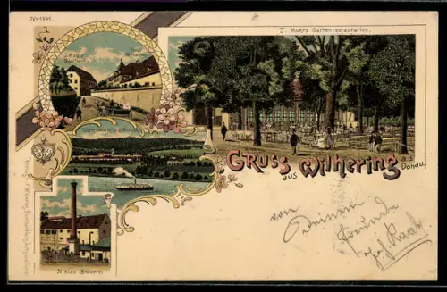 Lithographie Wilhering a. d. Donau, J. Muhr`s Gasthaus, Gartenrestaurant, Stift Wilhering, Niklas Brauerei
