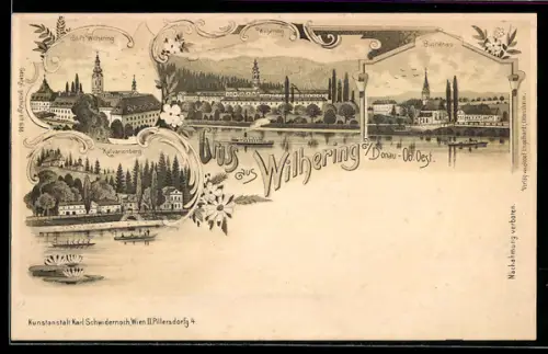 Lithographie Wilhering / Donau, Ansicht vom Stift, Kalvarienberg, Blick auf Buchenau