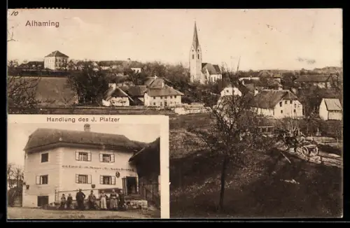 AK Allhaming, Warenhandlung des J. Platzer, Ortsansicht mit Kirche
