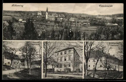 AK Allhaming, Heidlmeiers Gasthaus, Bauers Gasthaus, Schule, Totalansicht des Ortes