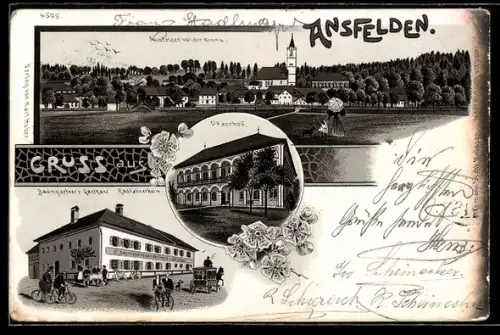 Lithographie Ansfelden, Baumgartner`s Gasthaus und Radfahrerheim, Pfarrhof, Totalansicht
