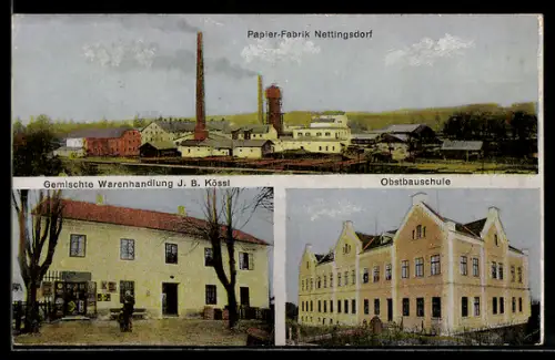 AK Ansfelden, Nettingsdorf, Gemischte Warenhandlung J. B. Kössl, Obstbauschule, Papier-Fabrik