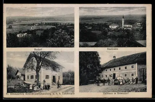AK Ansfelden, Gasthaus in Kremsdorf, Fr. Böhmdorfer`s Gemischtwarenhandlung, Ortsansicht Audorf, Blick auf Ansfelden