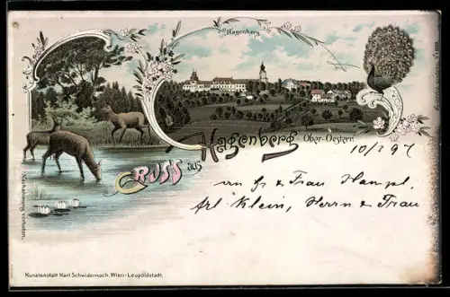 Lithographie Hagenberg im Mühlkreis, Blick auf Hagenberg mit der Kirche, Hochwild am Teich