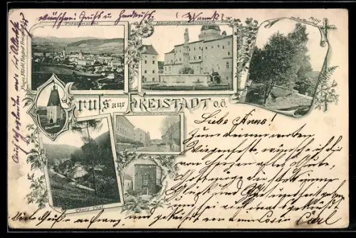 AK Freistadt /O.Ö., Hauptplatz mit Mariensäule, Thury-Tal, Böhmertor, Linzervorstadt mit Gymnasium