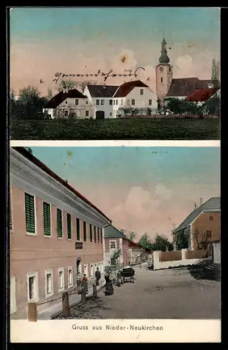 AK Niederneukirchen /O.-Oe., Strassenpartie mit Gasthaus, Ortsansicht mit Kirche