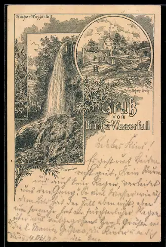 Vorläufer-Lithographie Urach, 1895, Ruine Hohen-Urach und Uracher Wasserfall