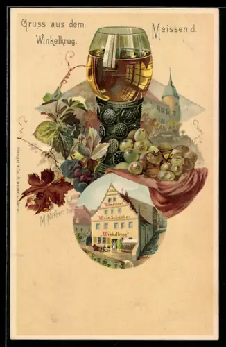 Lithographie Meissen, Gasthaus Winkelkrug, Weinglas