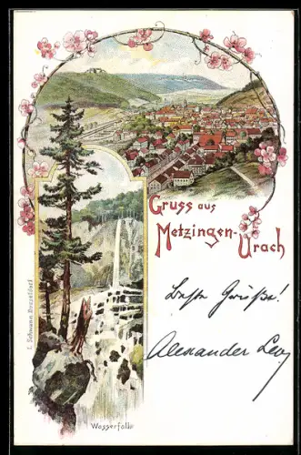 Lithographie Metzingen-Urach / Württ., Ortsansicht mit Wasserfall