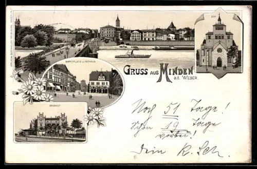 Lithographie Minden a. d. Weser, Marktplatz mit Rathaus, Bahnhof, Dom, Teilansicht