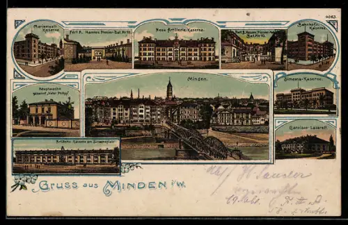 Künstler-AK Minden i. W., Neue Artillerie-Kaserne, Marienwall-Kaserne, Garnison-Lazarett