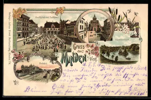 Lithographie Minden i /Westf., Marktplatz mit Rathaus, Bahnhof, Schwanenteich