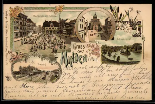 Lithographie Minden i. Westf., Partie am Marktplatz mit Rathaus, Dom und Schwanenteich