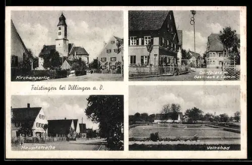 AK Fristingen, Dorfplatz m. Gasthaus z. Lamm, Kirchenpartie, Hauptstrasse, Volksbad